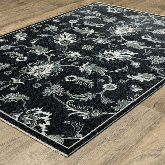10' X 13' Floral Area Rug With Fringe (575132) - Blue / Black / Ivory