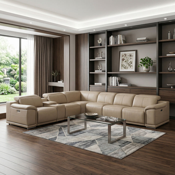 Leather Modular L-Shaped 7 Piece Corner Sectional With Console - Beige