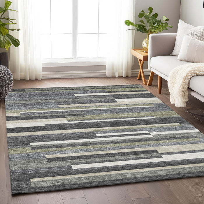 10' X 14' Striped Washable Area Rug With UV Protection - Charcoal