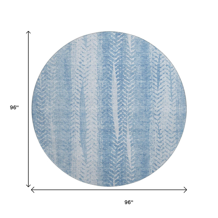 8' Striped Washable Round Rug With UV Protection (656534) - Sky Blue / Ivory