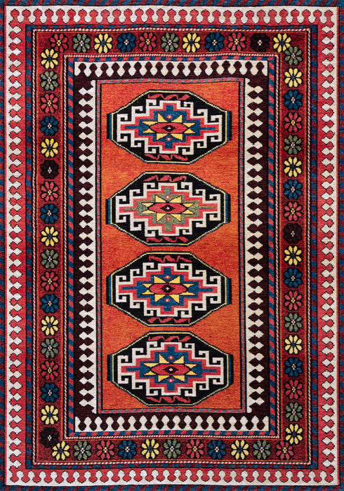 8' X 11' Tribal Washable Area Rug With UV Protection (610089) - Red / Orange