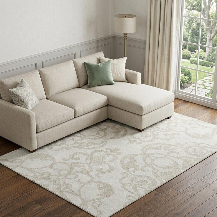 10' X 14' Damask Washable Area Rug With UV Protection (676932) - Ivory / Beige