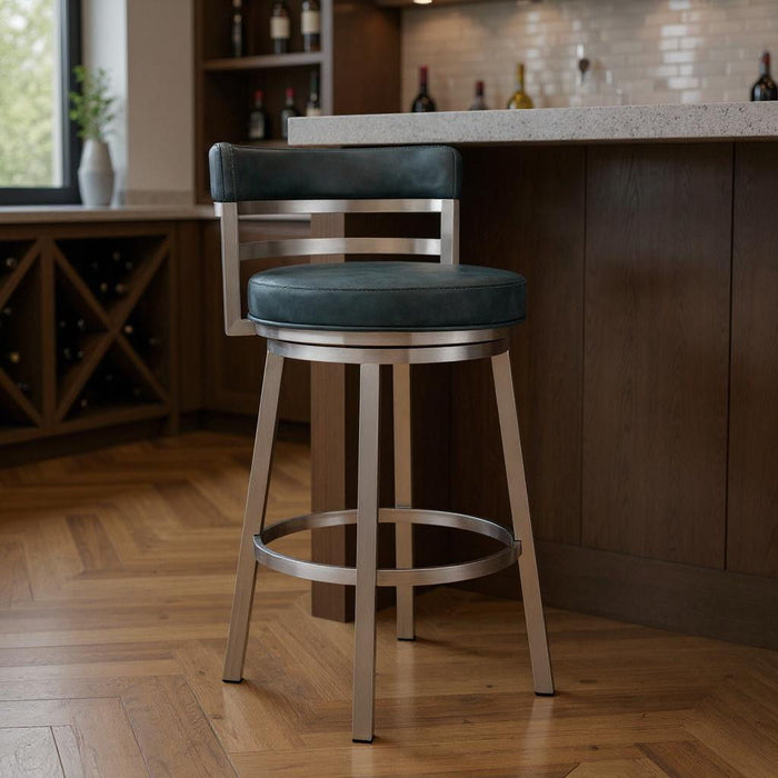 Faux Leather Swivel Low Back Bar Height Bar Chair - Blue / Silver