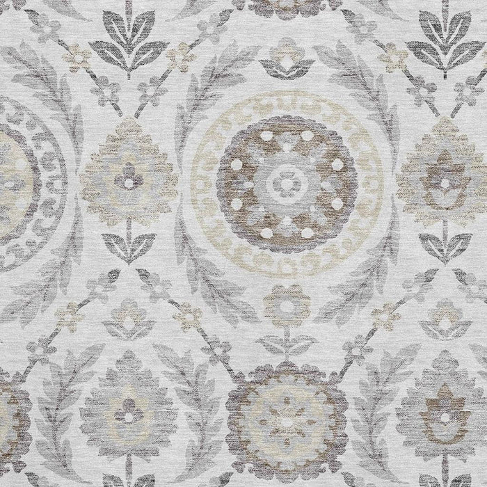 8' X 10' Floral Washable Area Rug With UV Protection - Silver And Beige