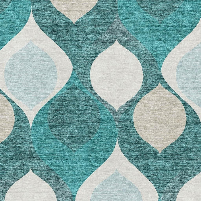 10' X 14' Ogee Washable Area Rug With UV Protection - Teal And Ivory