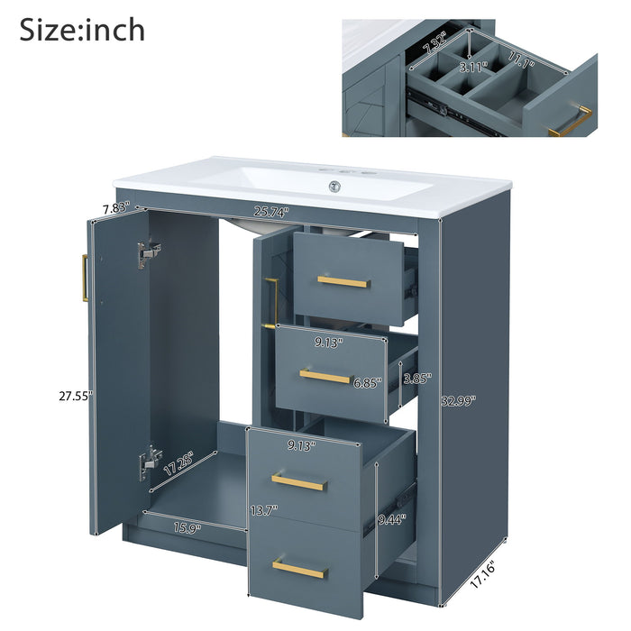 Giga bathroom vanity with sink, storage cabinet, three drawers, and soft-closing doors in a freestanding set for modern bathrooms.