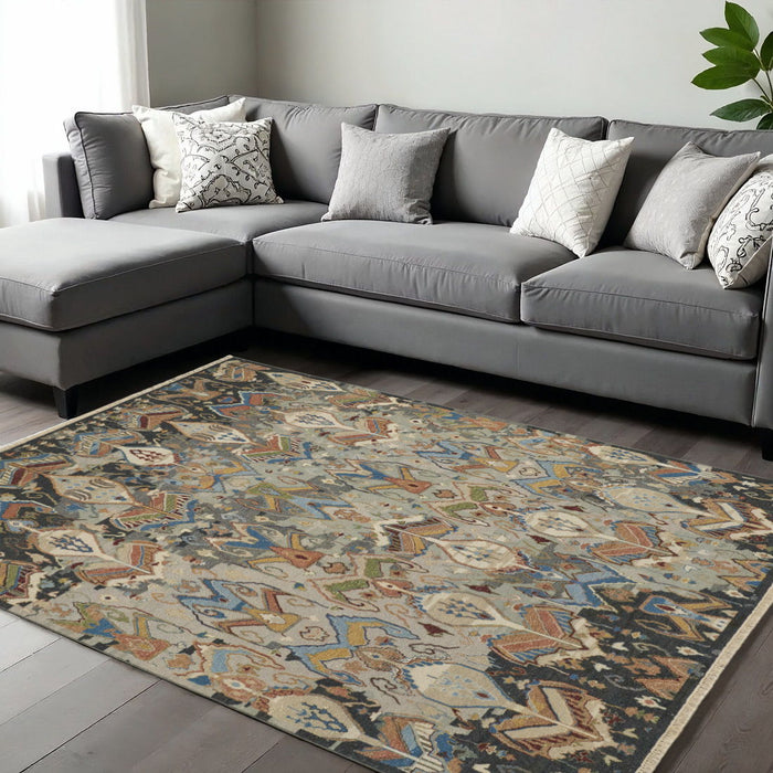 9' X 13' Ikat Hand Knotted Area Rug With Fringe - Blue