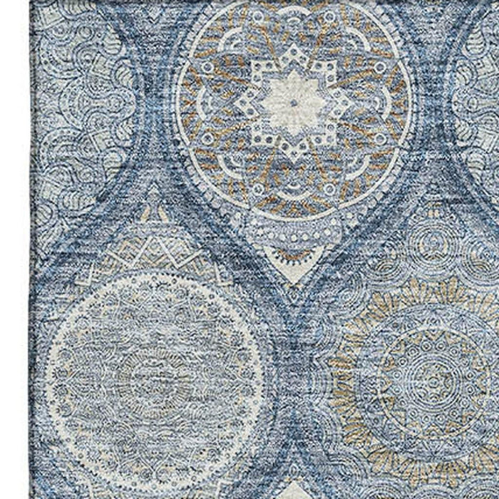 10' X 14' Ogee Washable Area Rug With UV Protection (677100) - Navy Blue / Ivory / Taupe