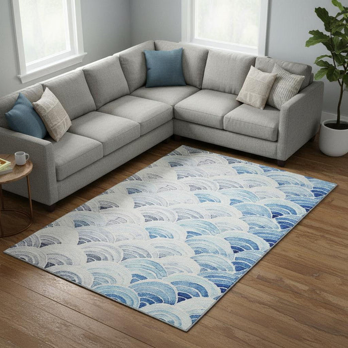 9' X 12' Geometric Washable Area Rug With UV Protection (645809) - Blue / Ivory / Gray