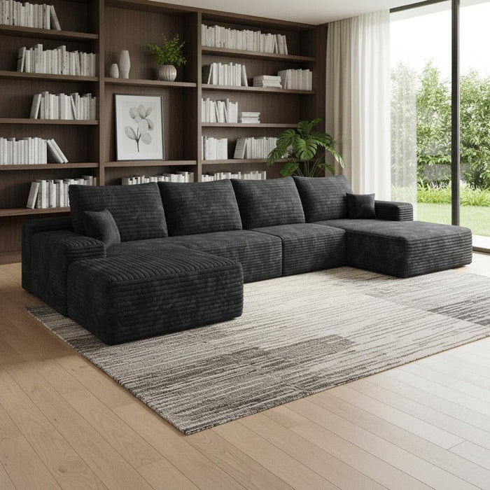 135" 2 Piece Living Room Set Corduroy Modular Compression Foam Sofa With Ottoman Toss Pillows - Black