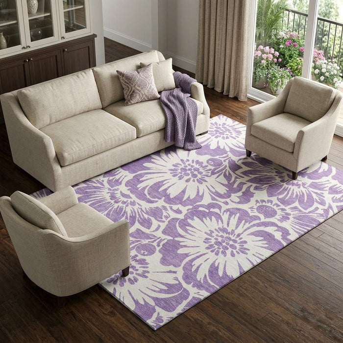 8' X 10' Floral Washable Area Rug With UV Protection (648692) - Purple / Ivory