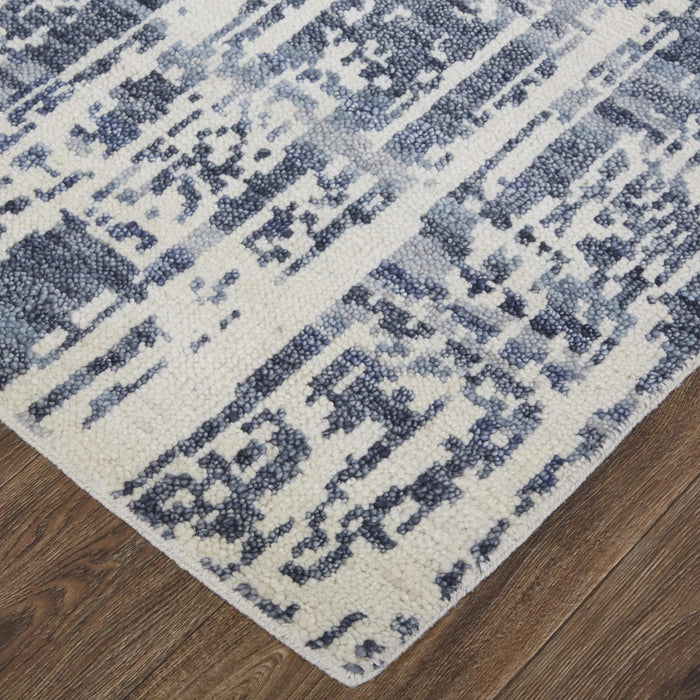 5' X 8' Wool Abstract Hand Knotted Area Rug With Fringe (744199) - Ivory / Blue