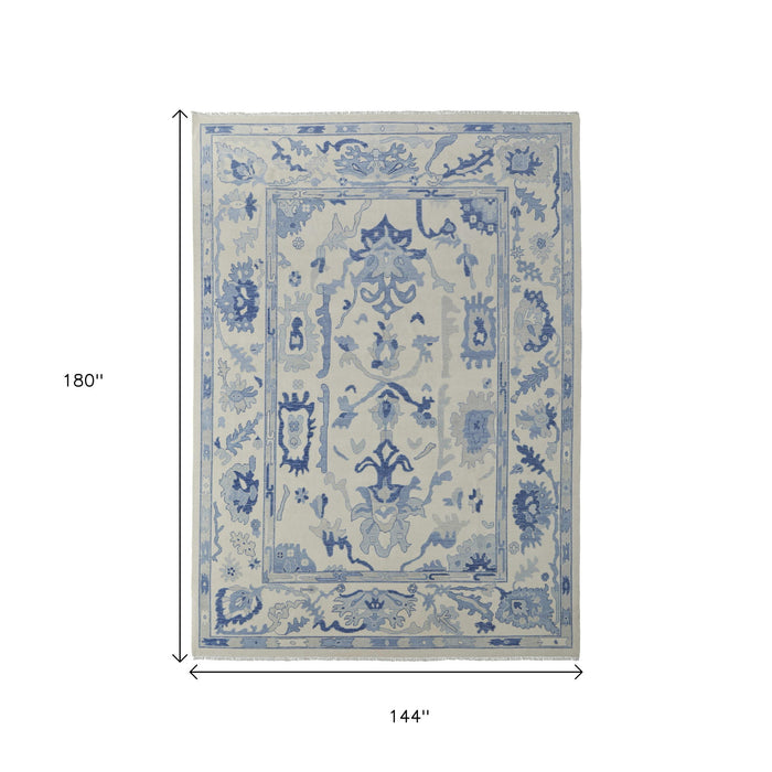 12' X 15' Floral Hand Knotted Area Rug With Fringe - Ivory And Blue