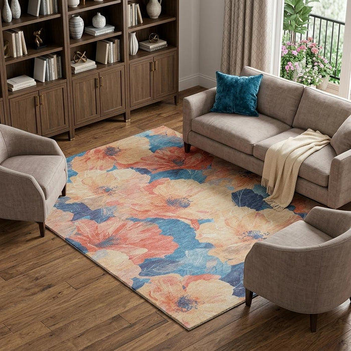10' X 14' Floral Washable Area Rug With UV Protection (694328) - Peach / Blue