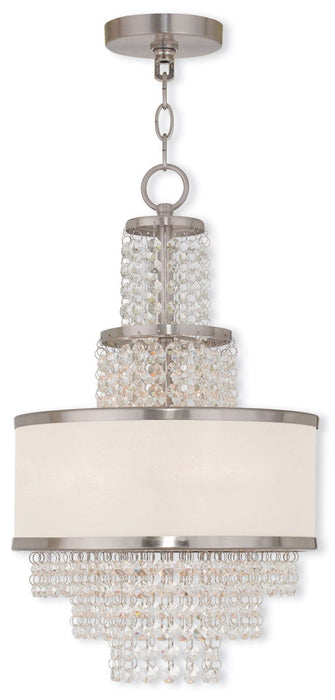 HomeRoots 20-inch metal chandelier with three lights, clear shades, and off-white fabric diffusers in nickel finish.