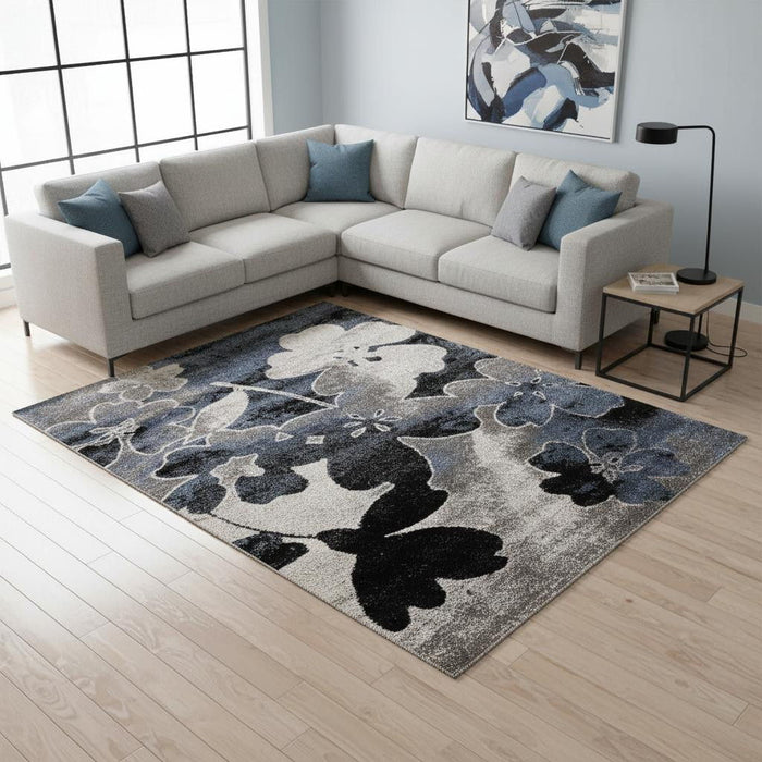8' X 11' Botanical Leaves Area Rug (660174) - Blue / Cream / Black