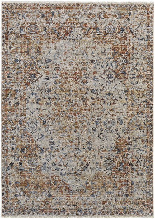12' x 15' Floral Power Loom Area Rug With Fringe - Tan Ivory And Orange