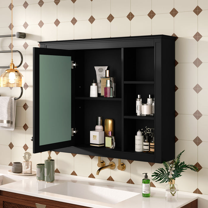 Giga wall mounted medicine cabinet with mirror, open shelves, and adjustable interior storage for bathroom organization.