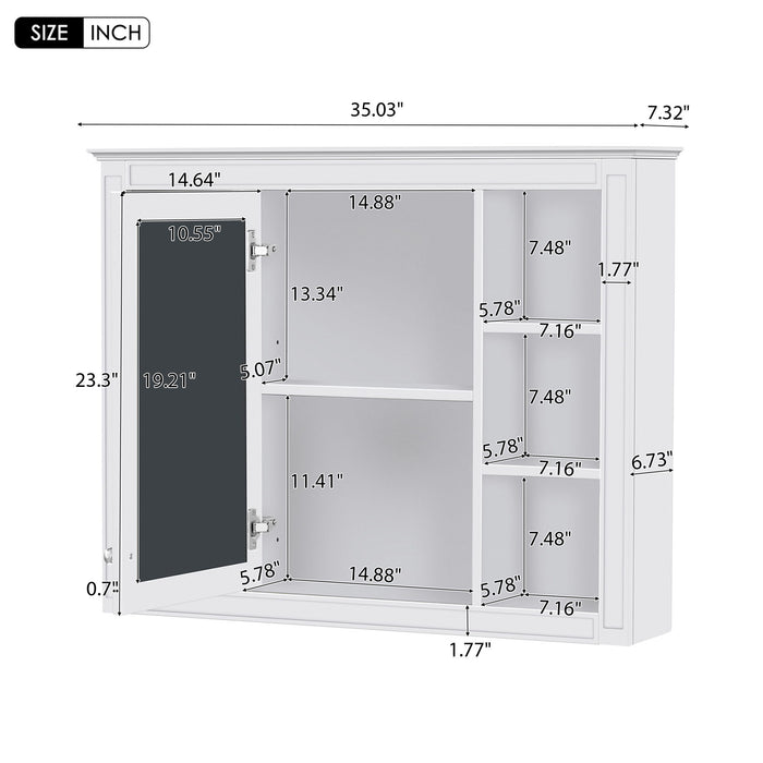 Giga wall-mounted medicine cabinet with mirror, open shelves, and adjustable interior storage for bathroom organization.