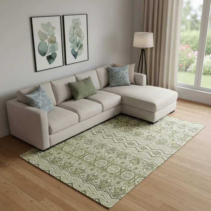 10' X 14' Moroccan Washable Area Rug With UV Protection (672242) - Artichoke Green / Beige