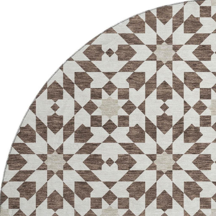 8' Geometric Washable Round Rug With UV Protection - Brown And Ivory
