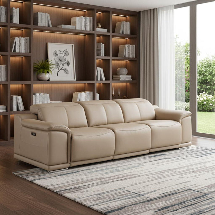 Leather Reclining USB Sofa - Beige