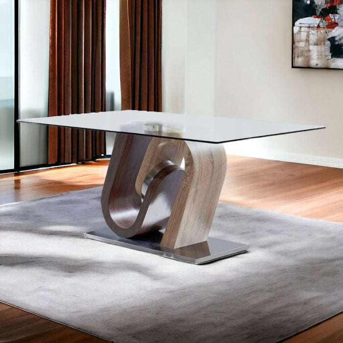 71" Glass And Stainless Steel And Manufactured Wood Pedestal Base Dining Table - Brown