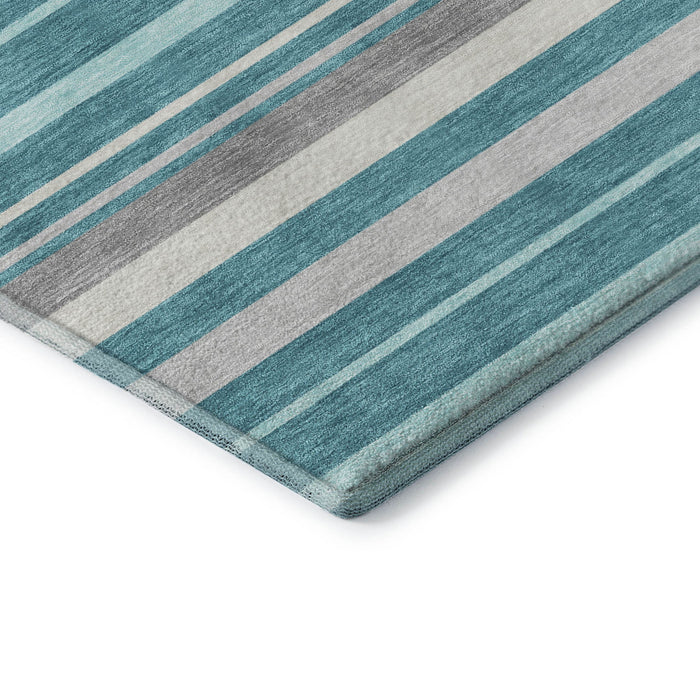 10' X 14' Striped Washable Area Rug With UV Protection (669931) - Teal / Ivory / Gray