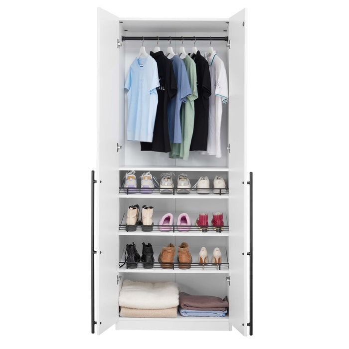 Manhattan Comfort Manhattan Lee wardrobe closet with hanging rod and shoe shelves, showing a spacious storage solution.