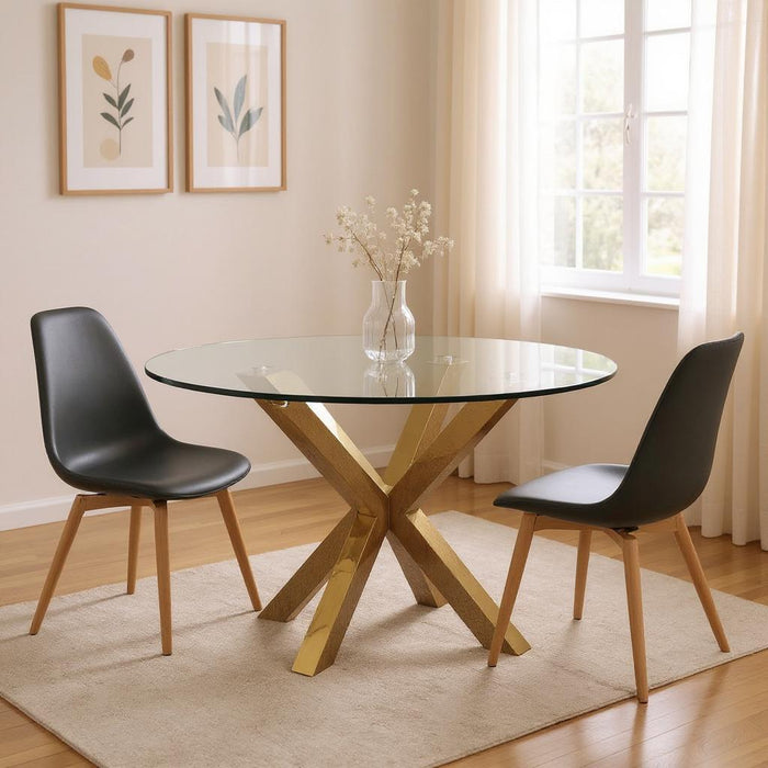 54" Glass And Metal Cross Leg Base Round Top Dining Room Table - Clear