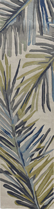 5' Wool Tropical Botanical Hand Tufted Round Rug - Ivory Green And Blue
