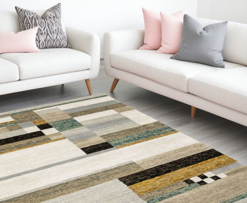 9' x 12' Geometric Power Loom Area Rug - Beige Gold Black Gray Tan Teal And Rust