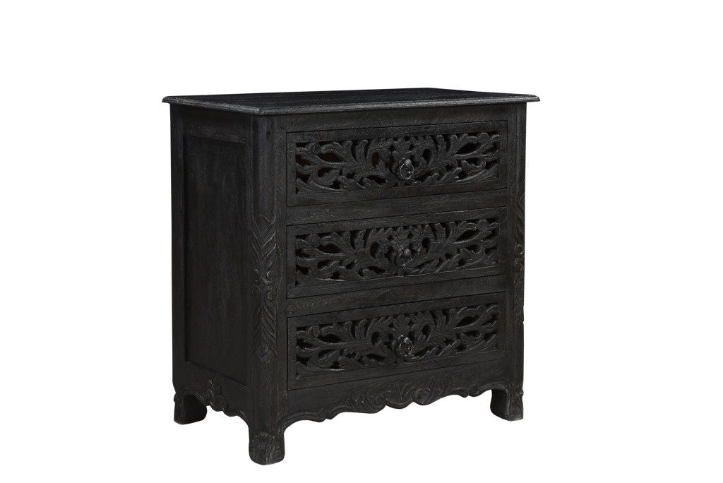 Three Drawer Floral Carved Solid Wood Nightstand - Distressed Black