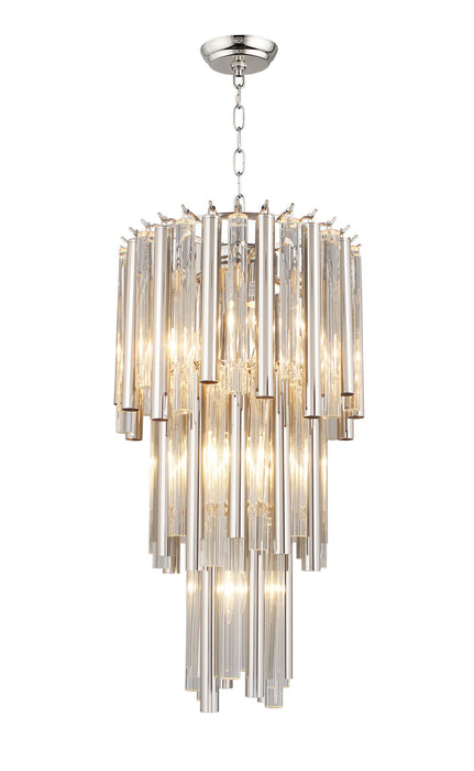 HomeRoots seven-light metal crystal glass chandelier with shades, silver finish, features elegant hanging crystals and modern design.