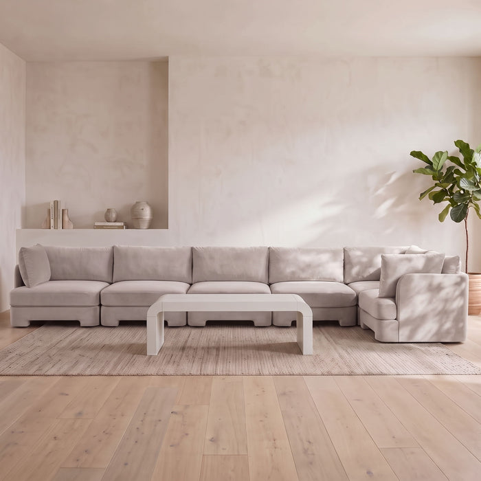 Meridian Furniture velvet performance fabric L-shaped sectional sofa with six upholstered stationary sections, stylish and comfortable.