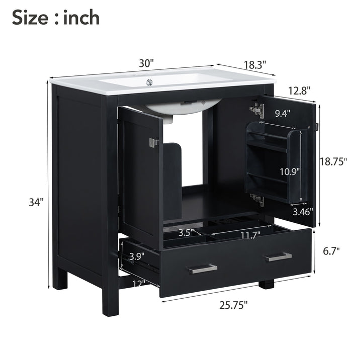 Giga bathroom vanity with single undermount sink, wood frame, two doors, drawer, soft-close, multifunctional storage.