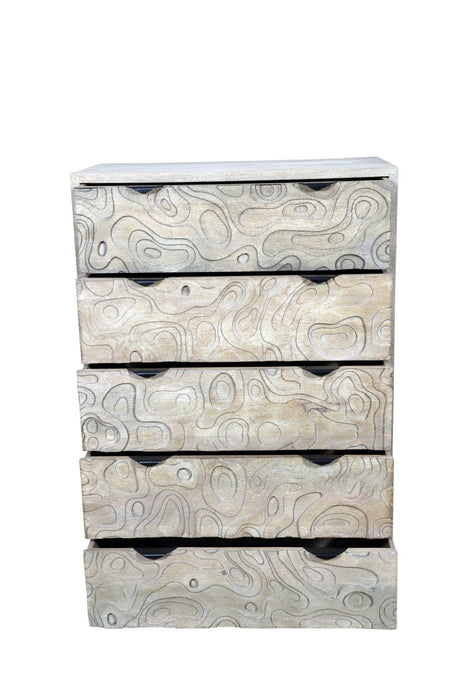35" Carved Abstract Solid Wood Five Drawer Dresser - White