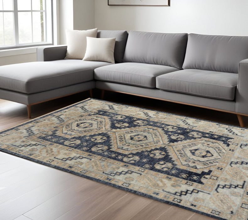 10' X 14' Geometric Hand Knotted Area Rug With Fringe - Blue And Ivory