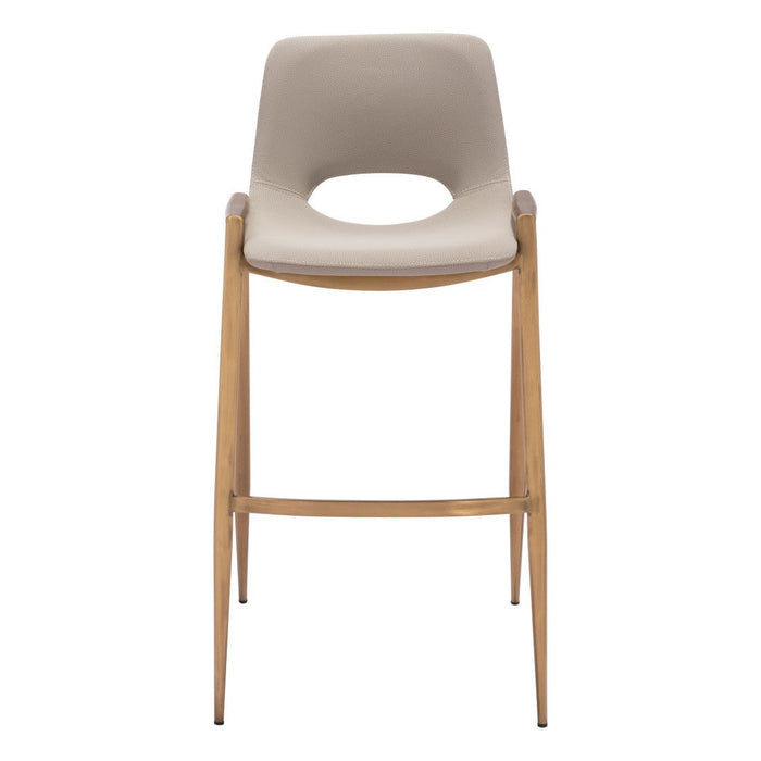 Set of two beige faux leather and gold steel low back bar height chairs by HomeRoots, showing sleek modern design and sturdy construction.