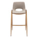 Set of two beige faux leather and gold steel low back bar height chairs by HomeRoots, showing sleek modern design and sturdy construction.