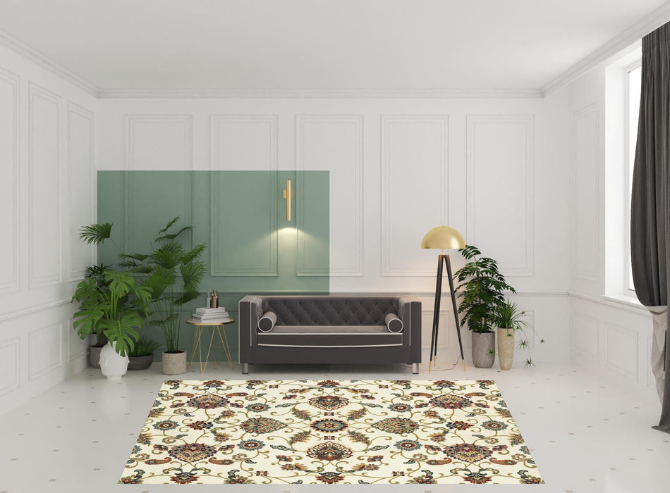 8' x 11' Floral Power Loom Stain Resistant Area Rug - Ivory Green Blue Red Salmon And Yellow