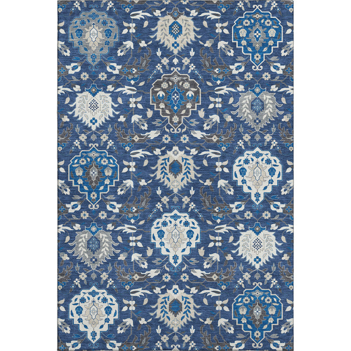 10' X 14' Damask Washable Area Rug With UV Protection (680565) - Navy Blue / Ivory / Charcoal