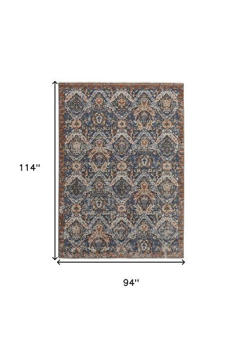8' x 10' Floral Power Loom Area Rug With Fringe - Blue Orange And Ivory