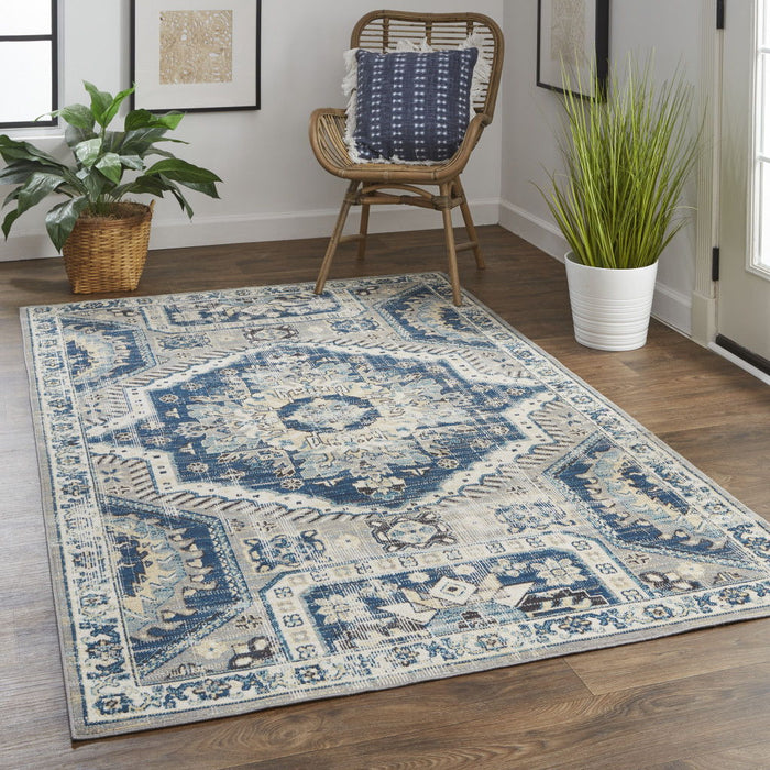 10' x 13' Abstract Power Loom Distressed Stain Resistant Area Rug - Blue And Ivory