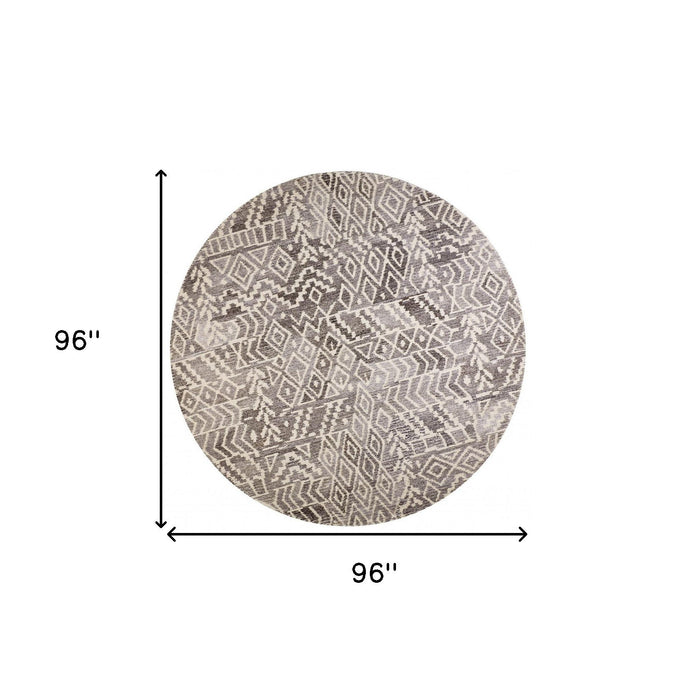 8' Round Wool Abstract Hand Tufted Area Rug - Gray And White