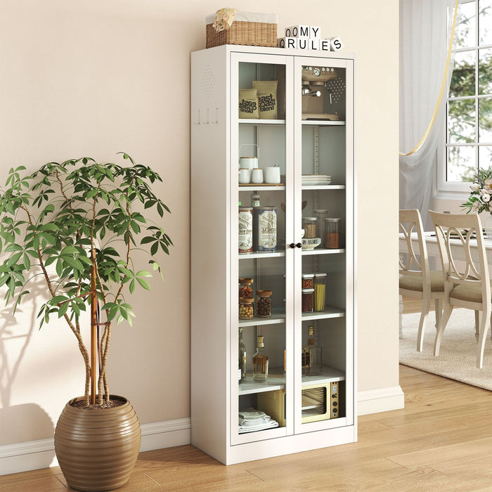 Giga industrial white metal kitchen pantry cabinet with adjustable shelves, display cabinet for storage and organization.