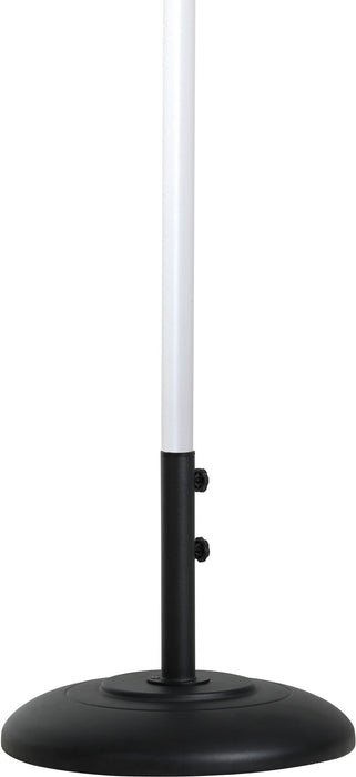 Meridian Furniture Fiji aluminum patio umbrella with round black and white base, outdoor shade for patio or garden.