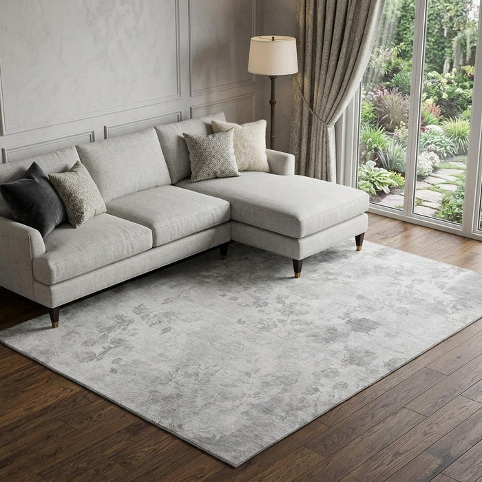 9' X 12' Floral Washable Area Rug With UV Protection (657712) - Gray / Silver