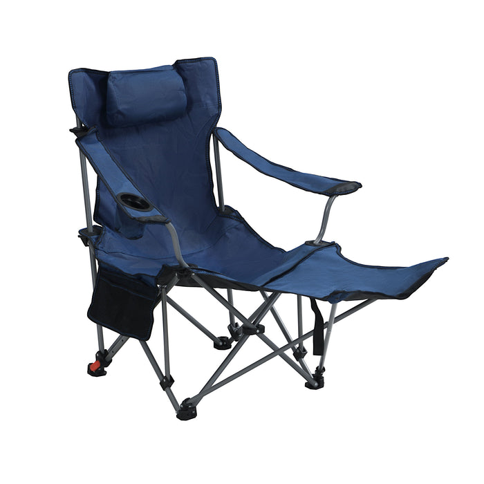 Giga outdoor camping arm chair in dark blue with 3-level recline, side pockets, cup holder, foldable design, and carry bag.