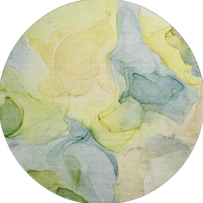 8' Abstract Washable Round Rug With UV Protection (646749) - Yellow / Blue / Beige